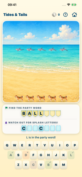 Tides & Tails word game with dogs on the beach and dolphins in the ocean